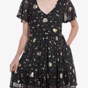 Her Universe Star Wars Metallic Foil Flutter Dress Black with Gold starships